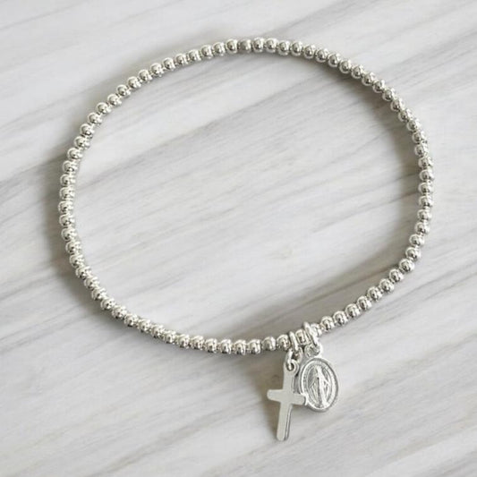 Pulsera mini virgen cruz plata